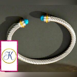 Turquoise Stone Cable Bangle Bracelet, Twisted Cable Bangle